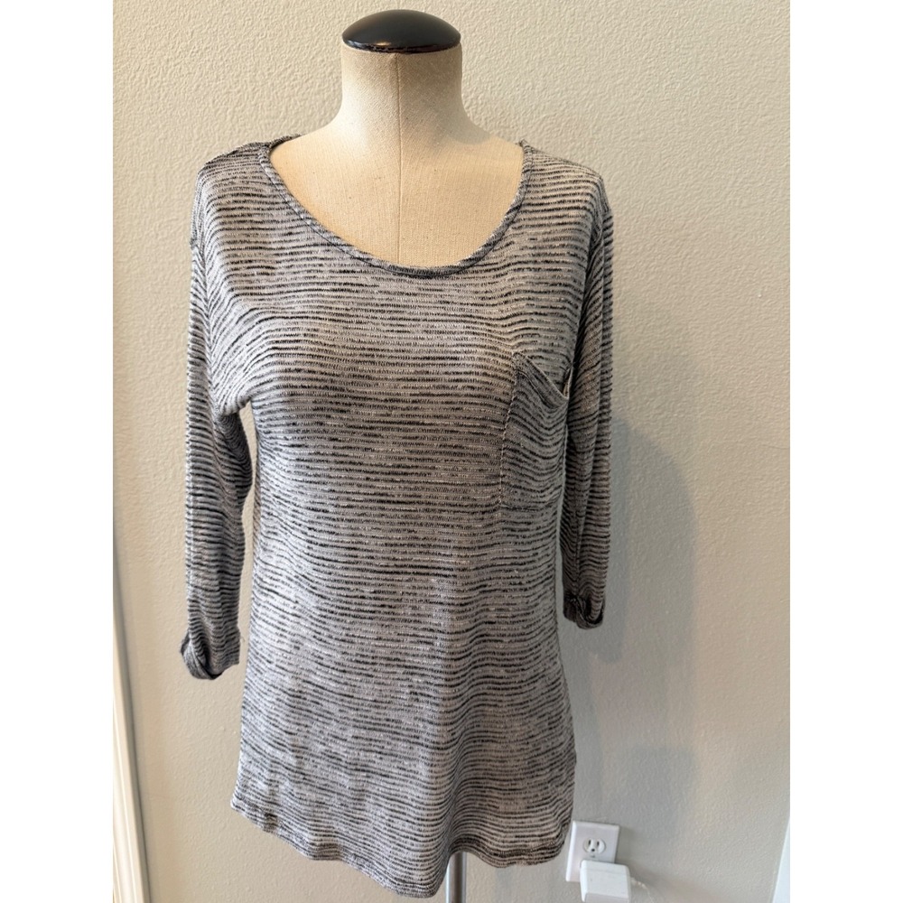 Bajee Collection by Becool Womens M Gray Black Striped 3/4 Sleeve Pocket Top